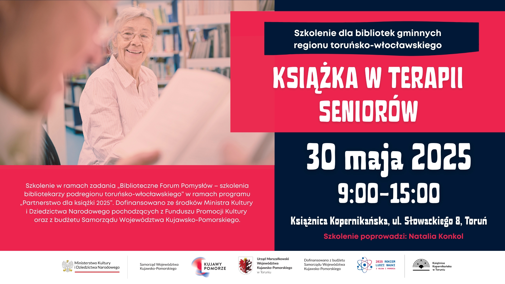 Plakat promujący szkolenie Książka w terapii seniorów.