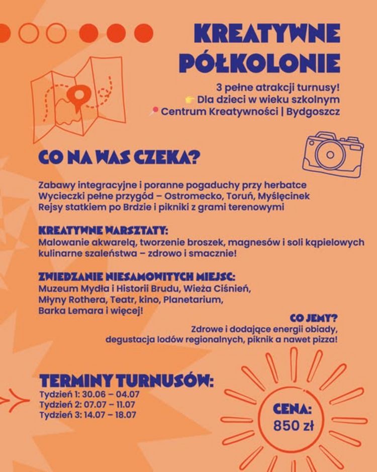 Kolorowy plakat z informacjami o półkoloniach, po bokach rysunek aparatu fotograficznego, mapy i słońca.
