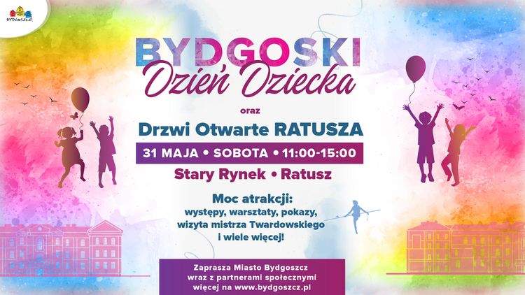 Kolorowy plakat z postaciami dzieci i balonami oraz informacjami o imprezie.