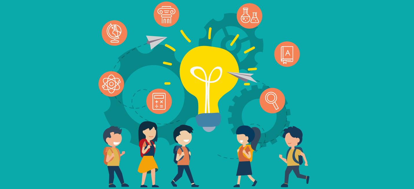 Nad dziećmi unosi się żarówka, symbolizująca pomysł. Wokół niej rozmieszczone są ikony symbolizujące różne dziedziny nauki.