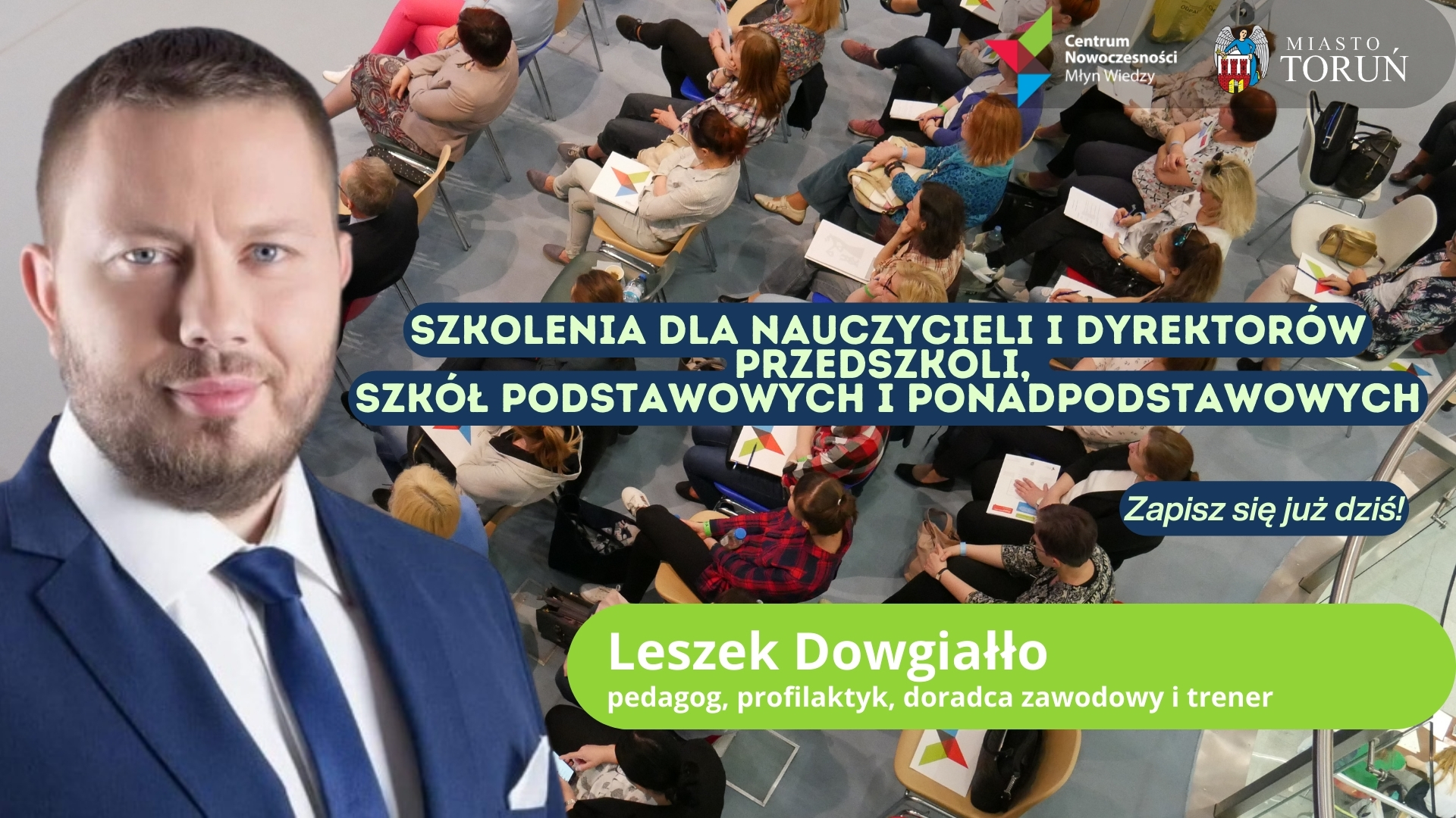 Plakat promujący szkolenia w Młynie Wiedzy.