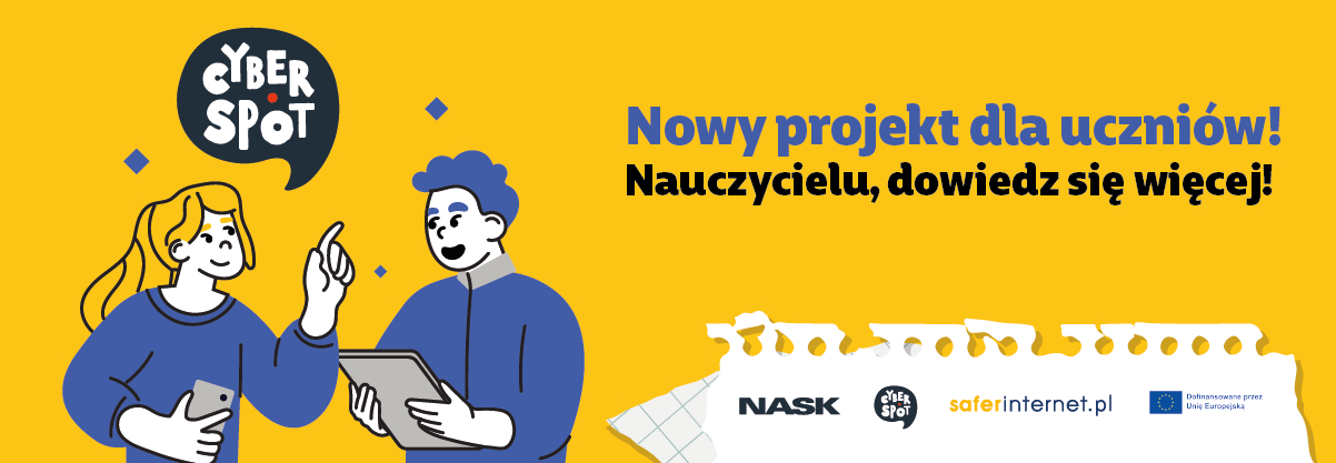 Grafika wektorowa z nazwą projektu oraz z młodzieżą z tabletem i smartfonem oraz logotypami organizatorów.