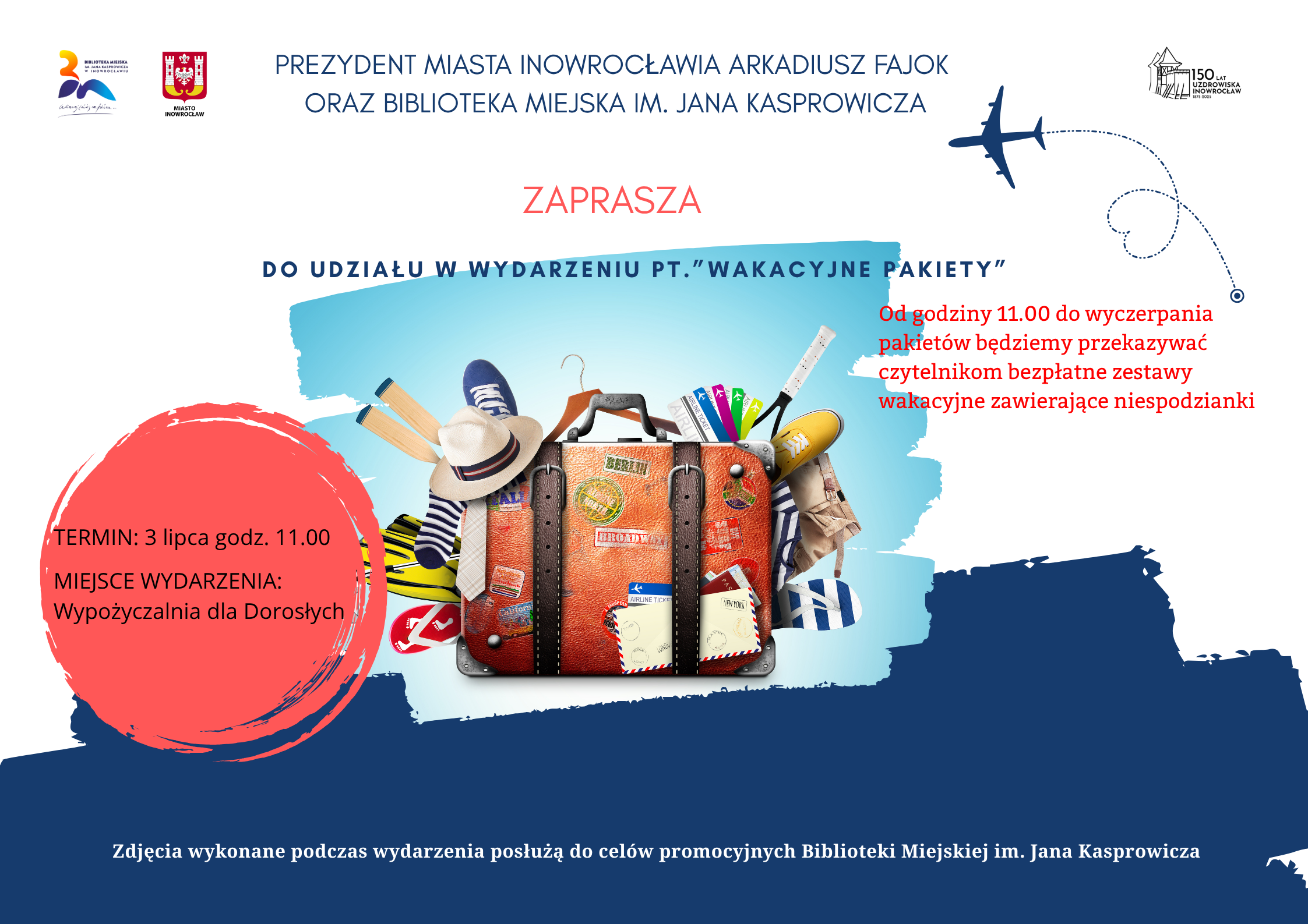 Plakat informacyjny z opisem i datą wydarzenia oraz zdjęciem wakacyjnej walizki.