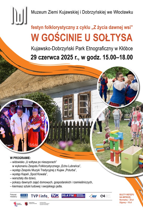 Plakat festynu ze szczegółowym programem, motywem chaty krytej strzechą i zespołu w strojach ludowych.
