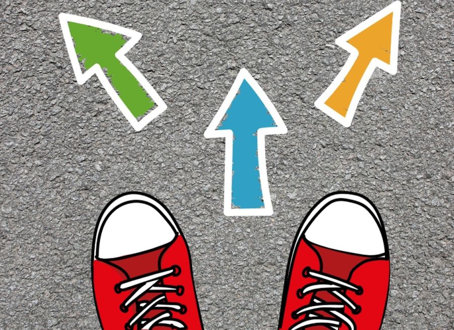 Trzy strzałki w różne strony przed czerwonymi trampkami - fragment okładki publikacji.