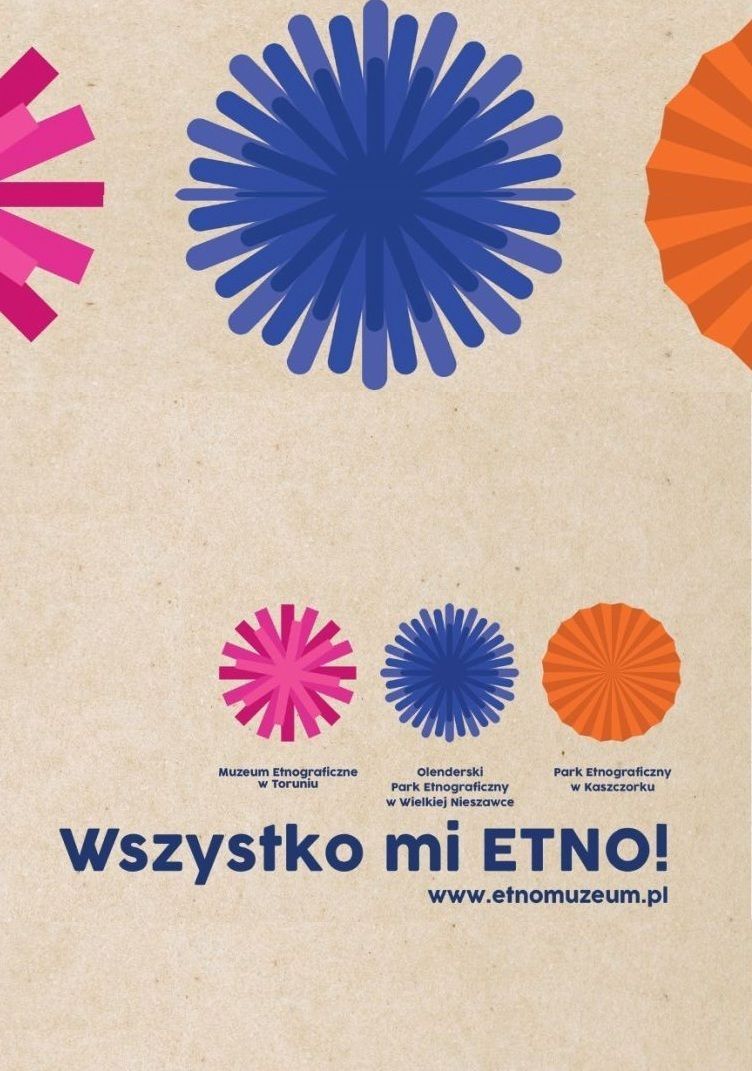 Plakat z napisem : "Wszystko mi etno" z elementami wycinanek w stylu ludowym.