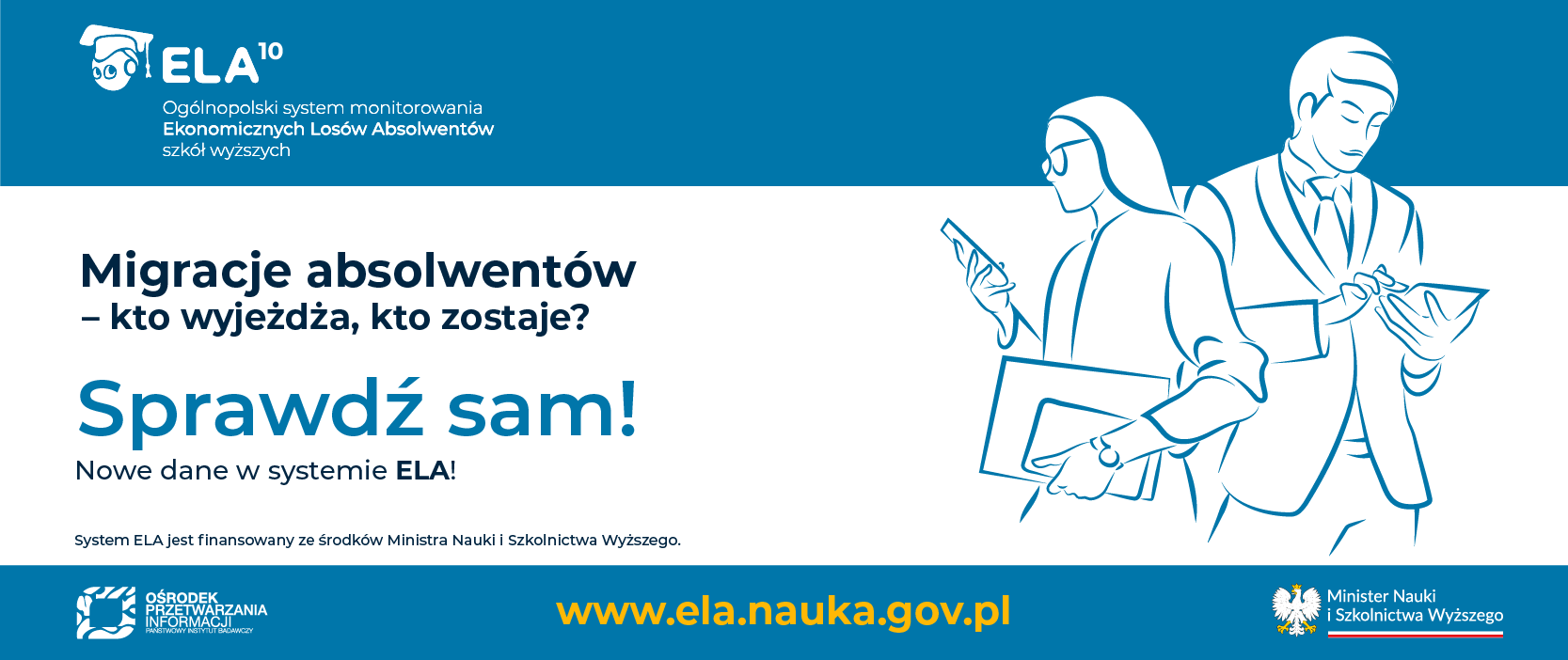 Grafika z konturami kobiety i mężczyzny, trzymającymi smarfony w dłoniach oraz informacjami o systemie.