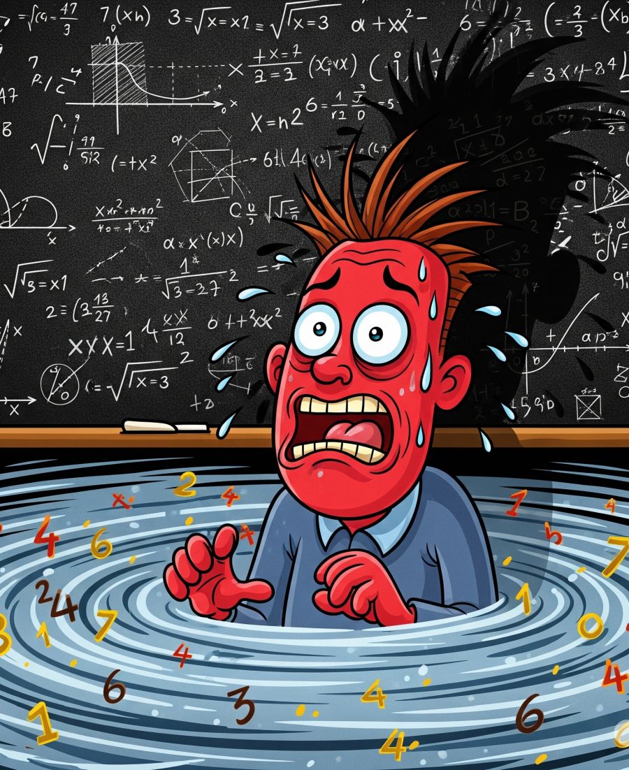 Przerażony człowiek, czerwony na twarzy, wokół którego krążą liczby, a tablica pełna formuł matematycznych.