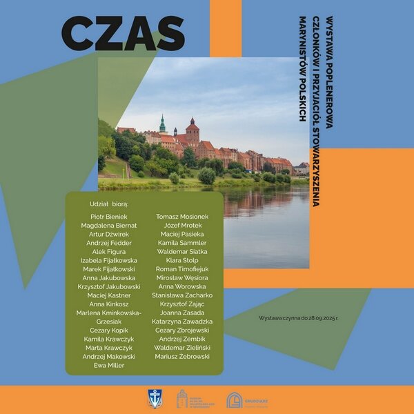 Grafika, na której jest zdjęcie Grudziądza nad Wisłą oraz informacje o wystawie i lista osób uczestniczących.