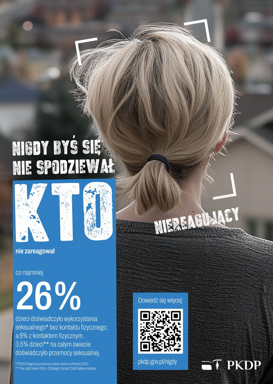 Widok z tyłu na kobietę na plakacie o wykorzystaniu seksualnym małoletnich poniżej lat 15.