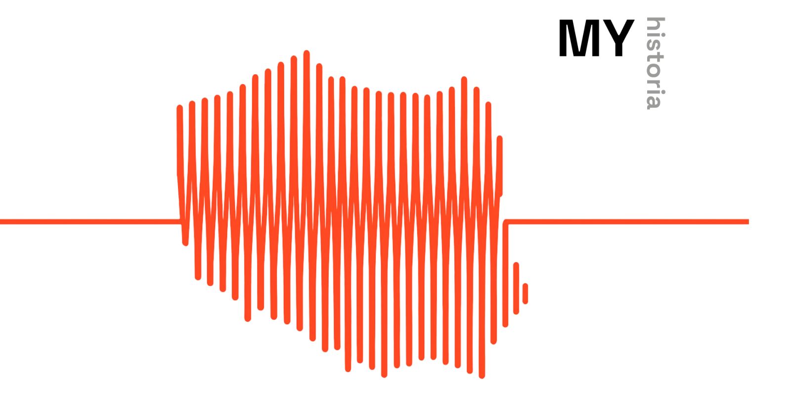 Logotyp projektu „MY, historia” z konturem Polski złożonym z czerwonych kresek.