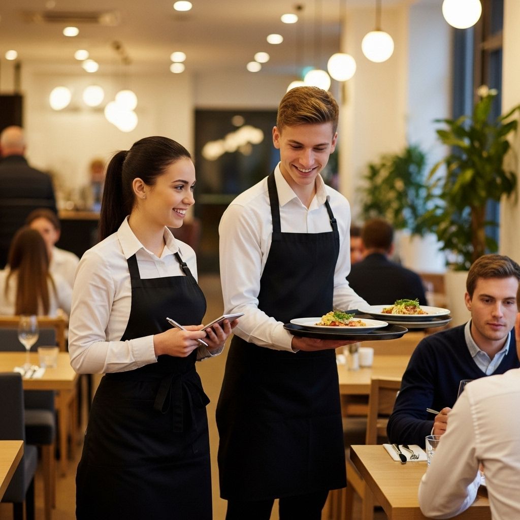 Dziewczyna i chłopak w restauracji obsługują klientów.