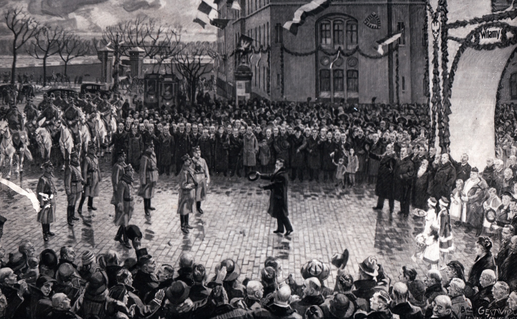 Fot. Powitanie wojsk polskich przed Dworcem Miasto w Toruniu, rep. obrazu F. i B. Gęstwickich