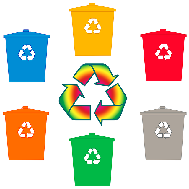 grafika selektywnej zbiórki odpadów z kolorowymi koszami przeznaczonymi na odrębne odpady
