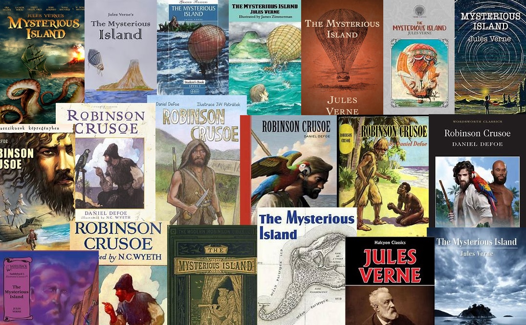 Okładki wielu wydań "Tajemniczej wyspy" i Robinsona Cruzoe".