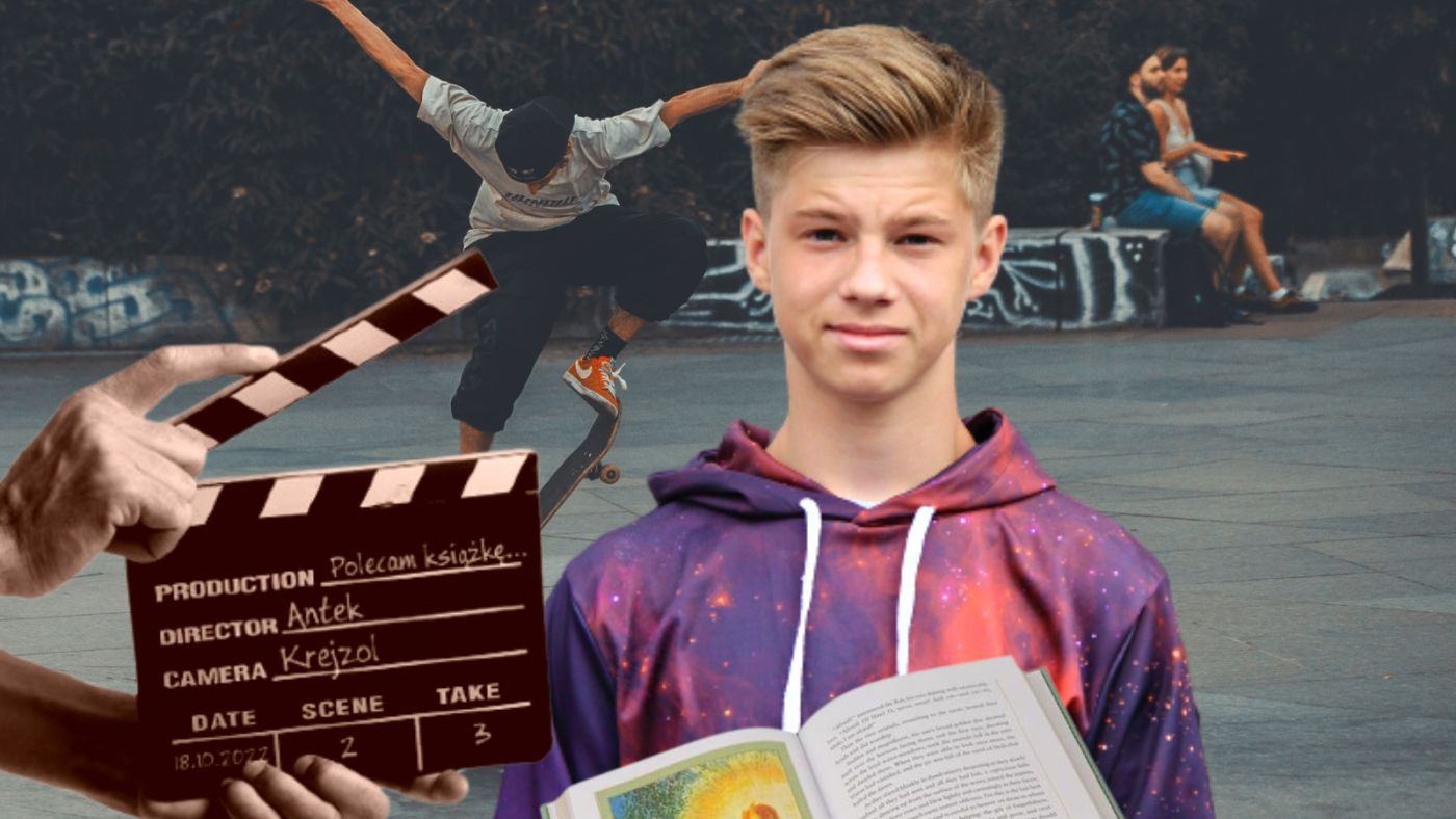 Nastolatek z książką w skateparku. Przed nim klaps z tytułem i numerem sceny.