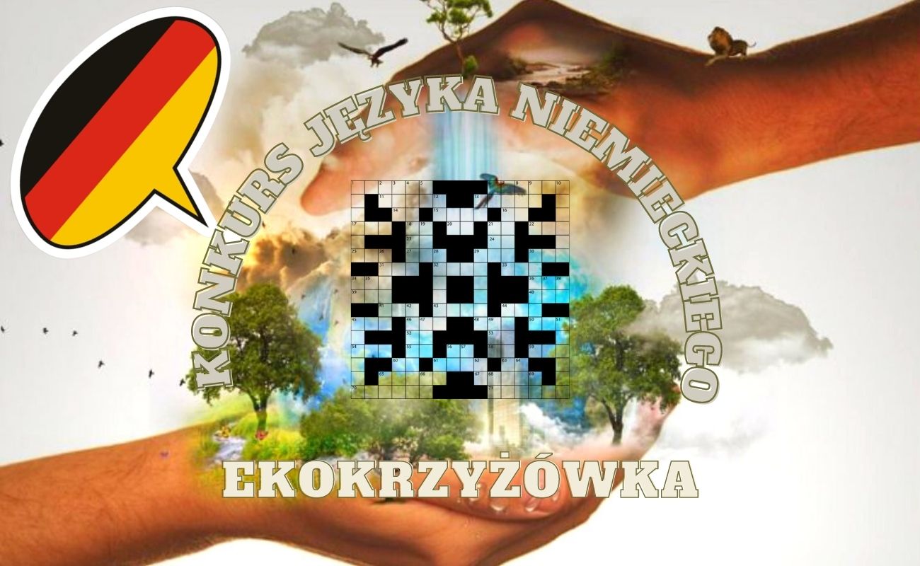 Plakat konkursowy "Ekokrzyżowka" z elementami natury w tle i flagą Niemiec.