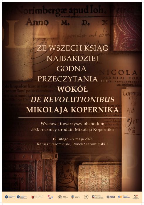 Plakat z informacjami na temat wystawy najstarszych wydań dzieła Mikołaja Kopernika "De revolutionibus orbium coelestium".