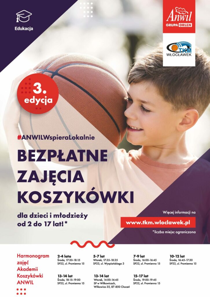plakat Akademia Koszykówki, chłopiec z piłką do kosza