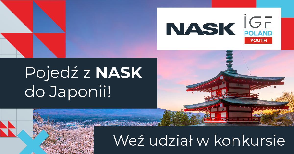 Plakat konkursu Pojedź z NASK do Japonii, w tle góra Fuji, pagoda i kwitnące wiśnie