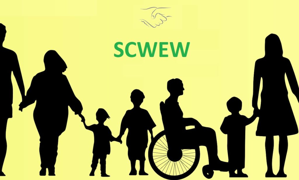 Zarysy osób w różnym wieku trzymających się za ręce, jedna na wózku inwalidzkim.
