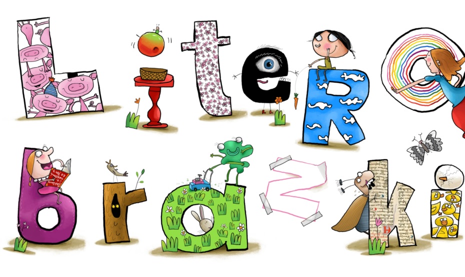 Kolorowe litery i postaci rysunkowe tworzące napis LiterObrazki.