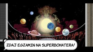 Screen z gry "Akademia Superbohaterów" z Kopernikiem i napisem: Zdaj egzamin na superbohatera!