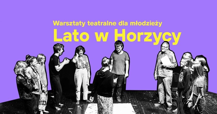 Grafika Lato w Horzycy: na fioletowym tle zdjęcie uśmiechniętej młodzieży i dorosłego na scenie