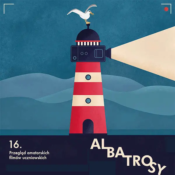 Biały ptak siedzi na dachu latarni morskiej. Napis: Albatrosy - 16. Przegląd Amatorskich Filmów Uczniowskich.
