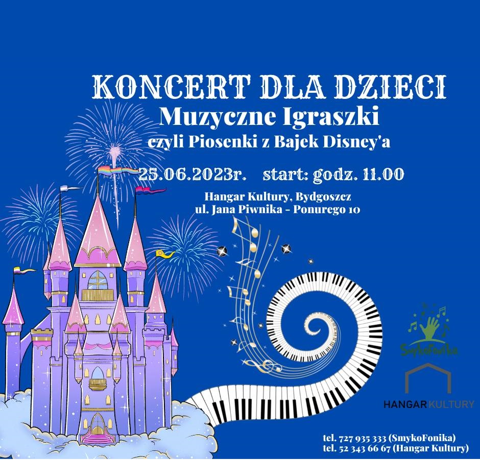 Bajkowy zamek, klawiatura fortepianowa i nuty na plakacie informacyjnym koncertu dla dzieci.