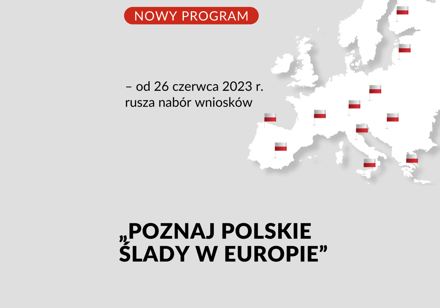 Kontur Europy z miejscami oznaczonymi polskimi flagami.