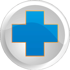 Ikona aplikacji "Ratunek" - uproszczona wersja logo WOPR-u/ Niebieski krzyż w kółku.