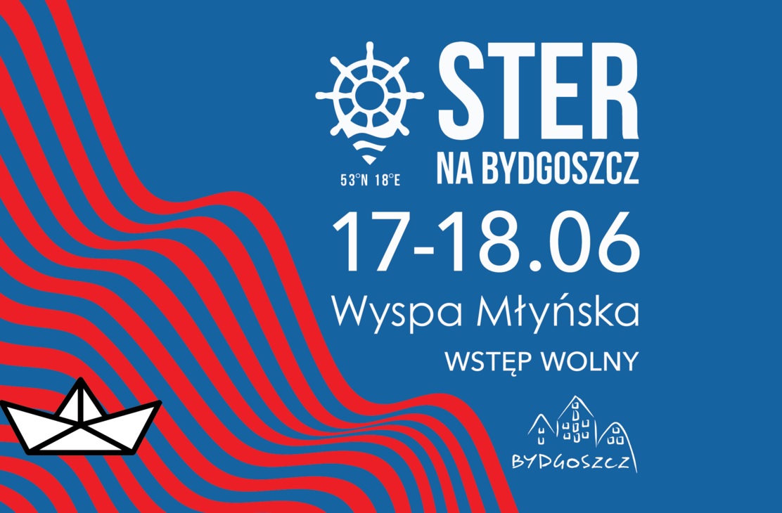 Plakat informacyjny Festiwalu "Ster na Bydgoszcz". Papierowa łódka na falach.