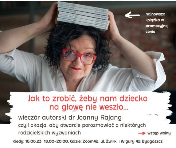 Plakat informacyjny nt. wieczoru autorskiego z fotografią kobiety z książkami na głowie.