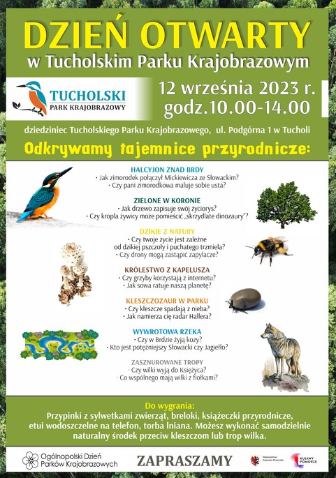 Plakat Dzień otwarty w Tucholskim Parku Krajobrazowym z wizerunkami zwierząt ptaków i roślin oraz informacjami o spotkaniu i jego tematyce