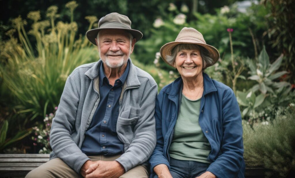 Uśmiechnięta para seniorów w kapeluszach siedzi wśród zieleni na łonie natury
