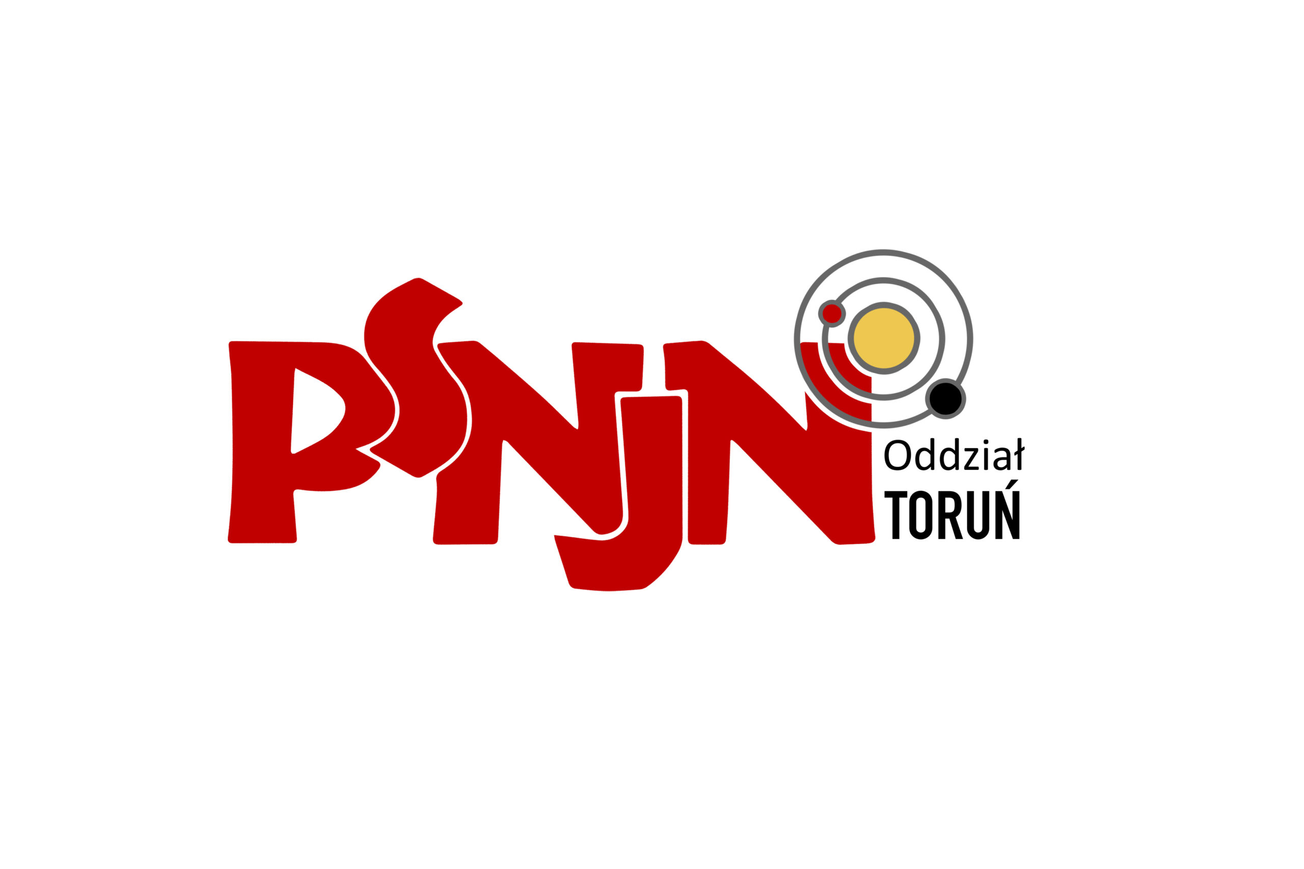 logotyp PSNJN Oddział Toruń, czerwone litery na białym tle oraz symbol układu słonecznego przy ostatniej literze