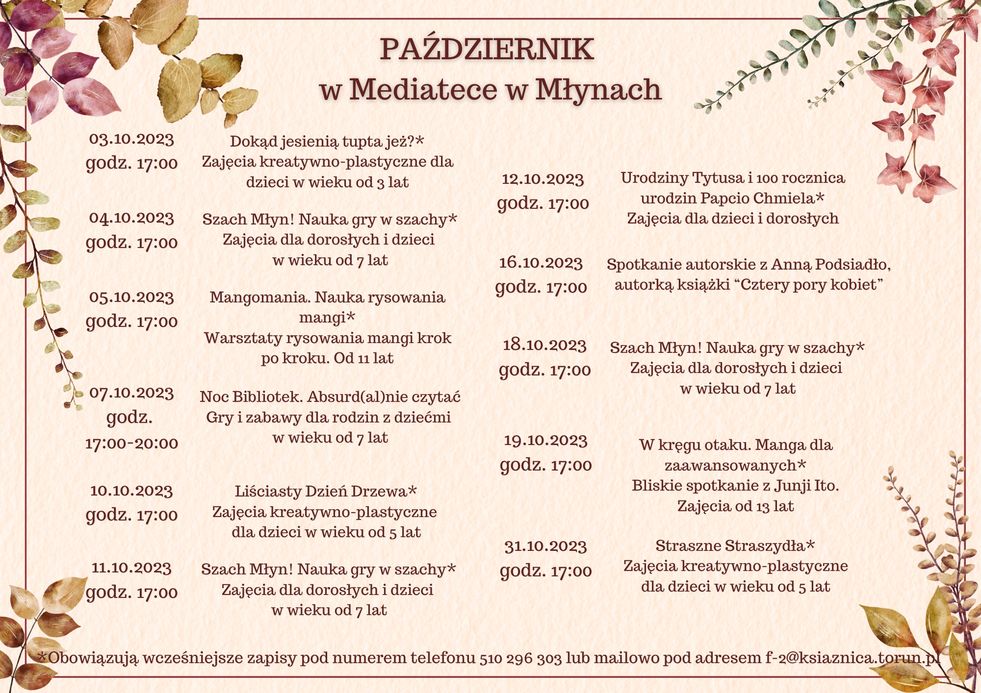 Harmonogram zajęć na październik w Mediatece w Młynach, z elementami dekoracyjnymi z gałązek roślin