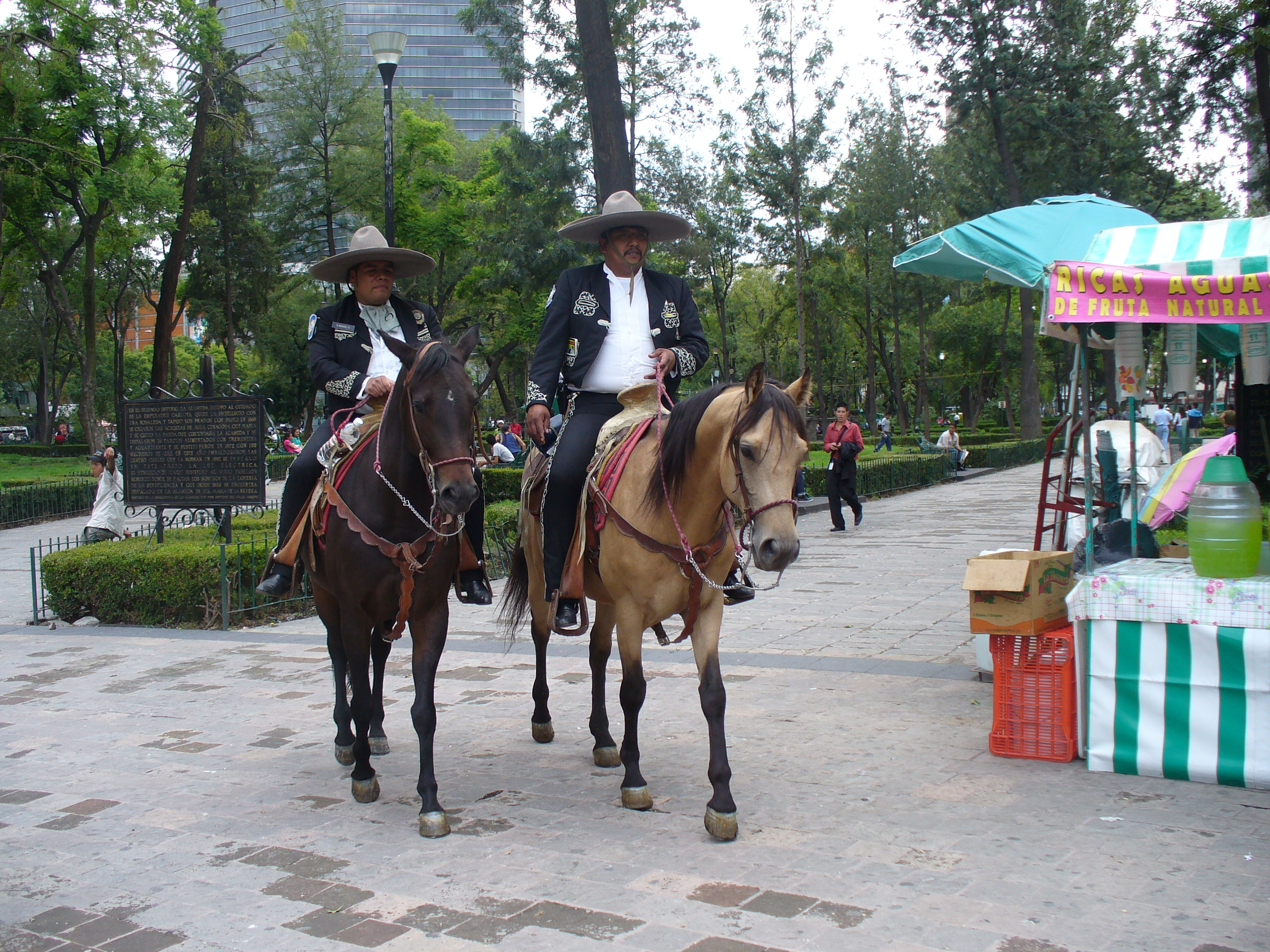Dwóch policjantów na koniach patroluje miasto, ubrani są w wyszywane garnitury, na głowach mają szare sombrera