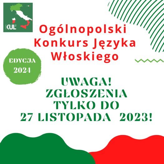 Plakat informacyjny Ogólnopolskiego Konkursu Języka Włoskiego.