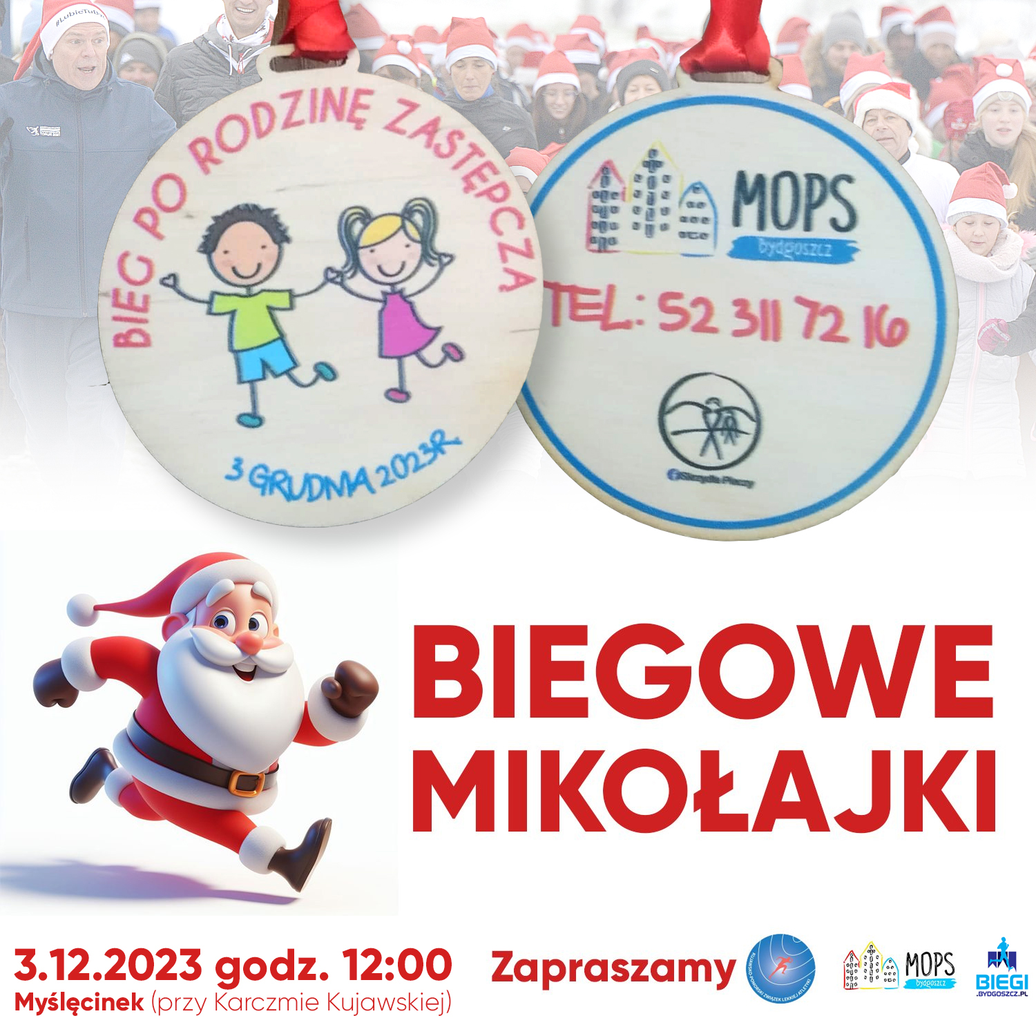 Medale Biegu po Rodzinę na plakacie informacyjnym Biegowych Mikołajek - 3.12.2023 r.
