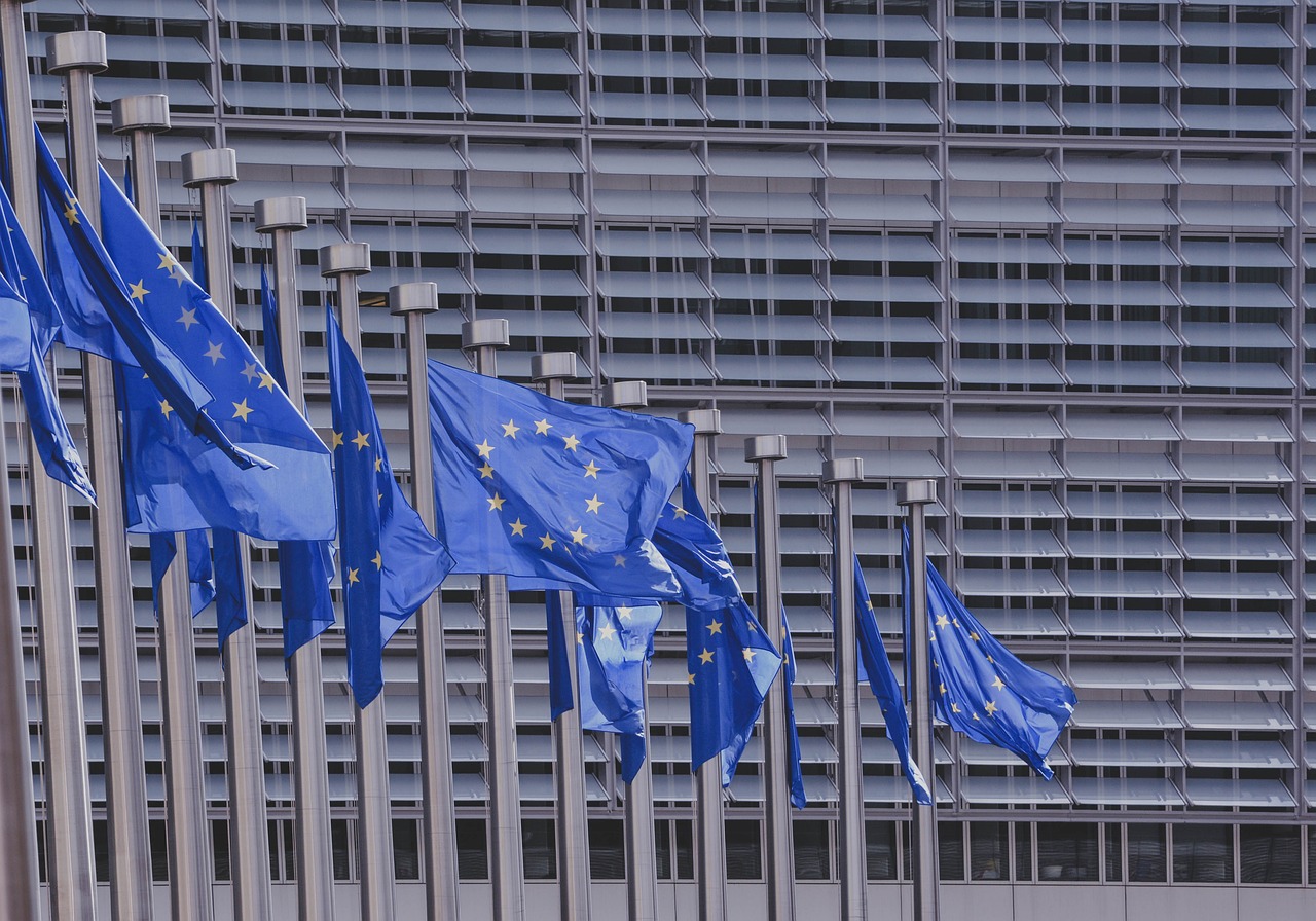 Flagi Unii Europejskiej przed budynkiem Europarlamentu.