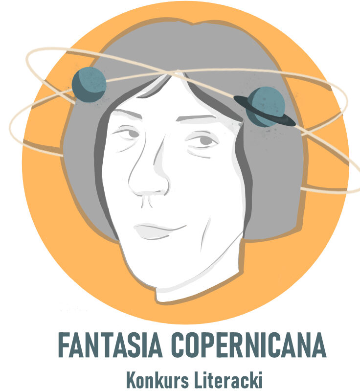 Głowa Mikołaja Kopernika otoczona orbitami planet. Fantasia Copernicana - konkurs literacji.