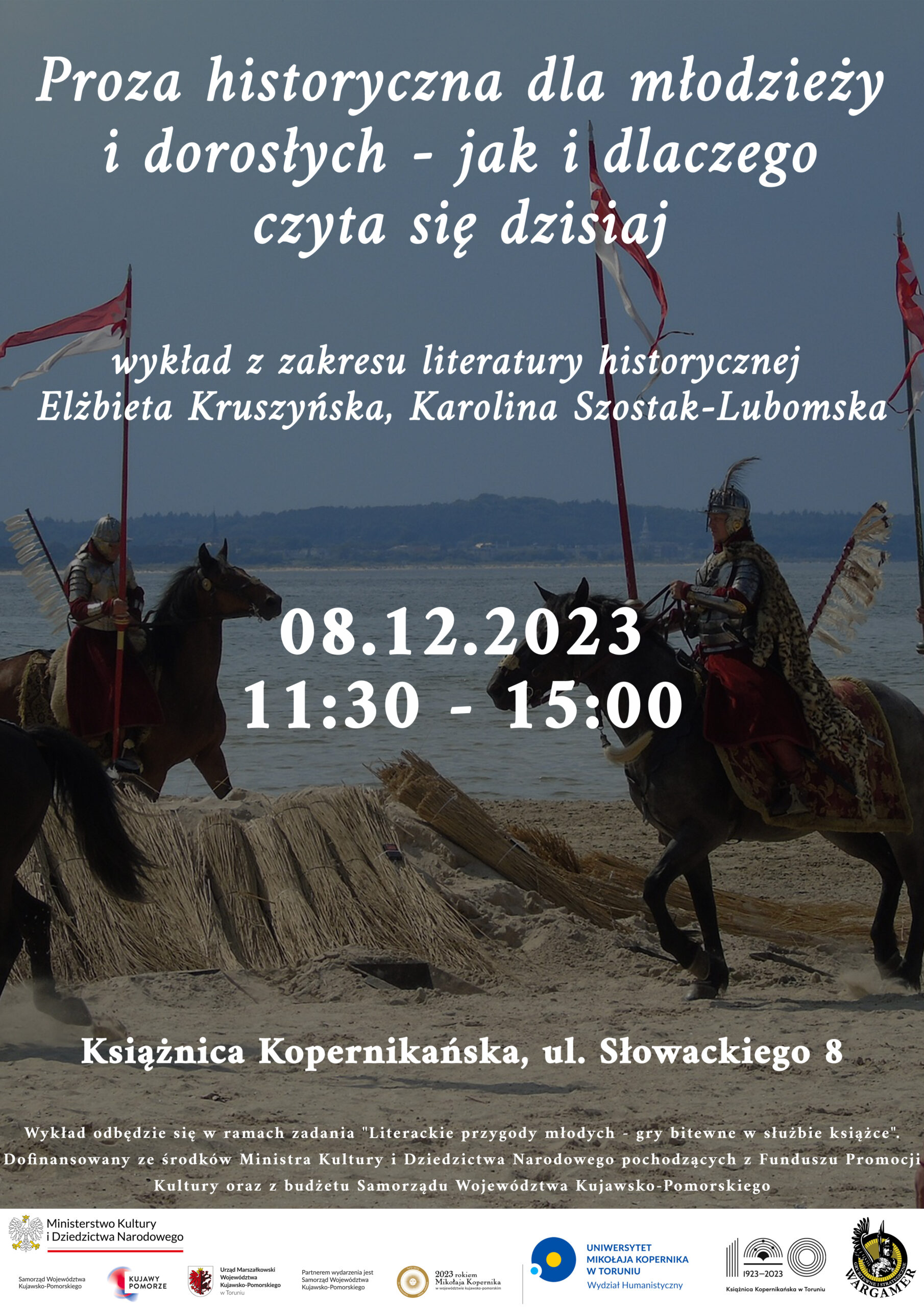 plakat wydarzenia z motywem rycerzy konnych z chorągwiami w polu i informacjami o spotkaniu
