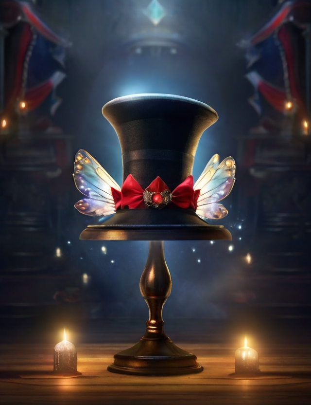 grafika przedstawia kapelusz iluzjonisty ze skrzydłami postawiony na stoliku na scenie