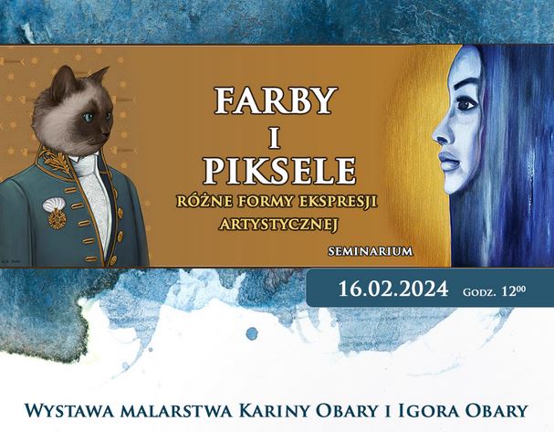 Kot w mundurze i twarz kobiety na plakacie seminarium "Farby i piksele".