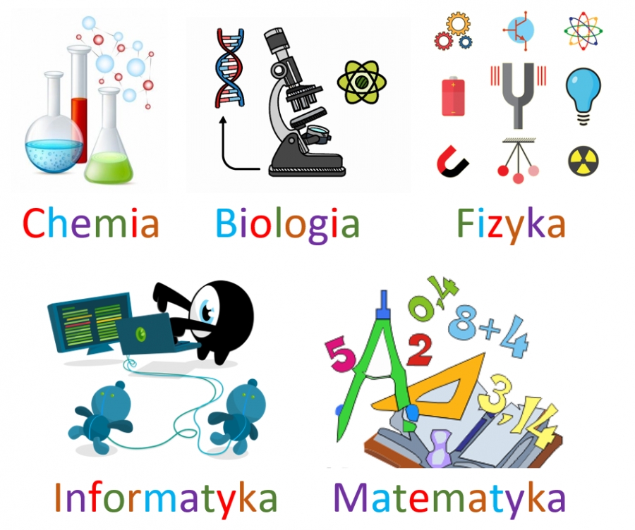 Atrybuty przedmiotów szkolnych: chemii, biologii, fizyki, informatyki, matematyki: menzurki, kolby, mikroskop, cyrkiel itp.