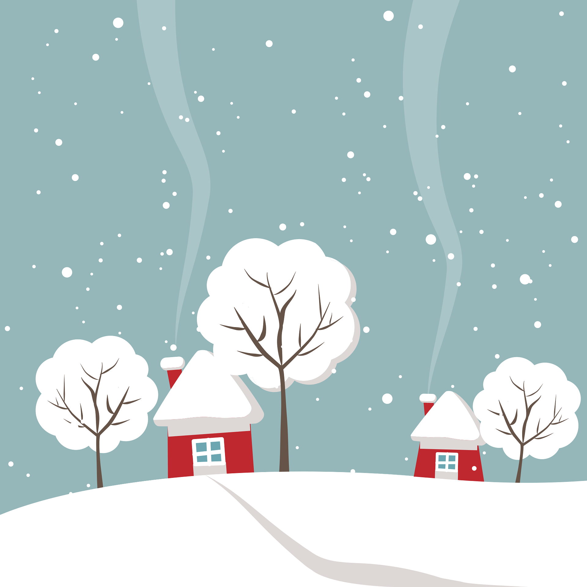 grafika wektorowa: krajobraz zimowy: domki z ośnieżonymi dachami i drzewa