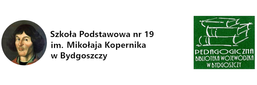 Znaki rozpoznawcze Szkoły Podstawowej nr 19 w Bydgoszczy i Pedagogicznej Biblioteki Wojewódzkiej w Bydgoszczy.
