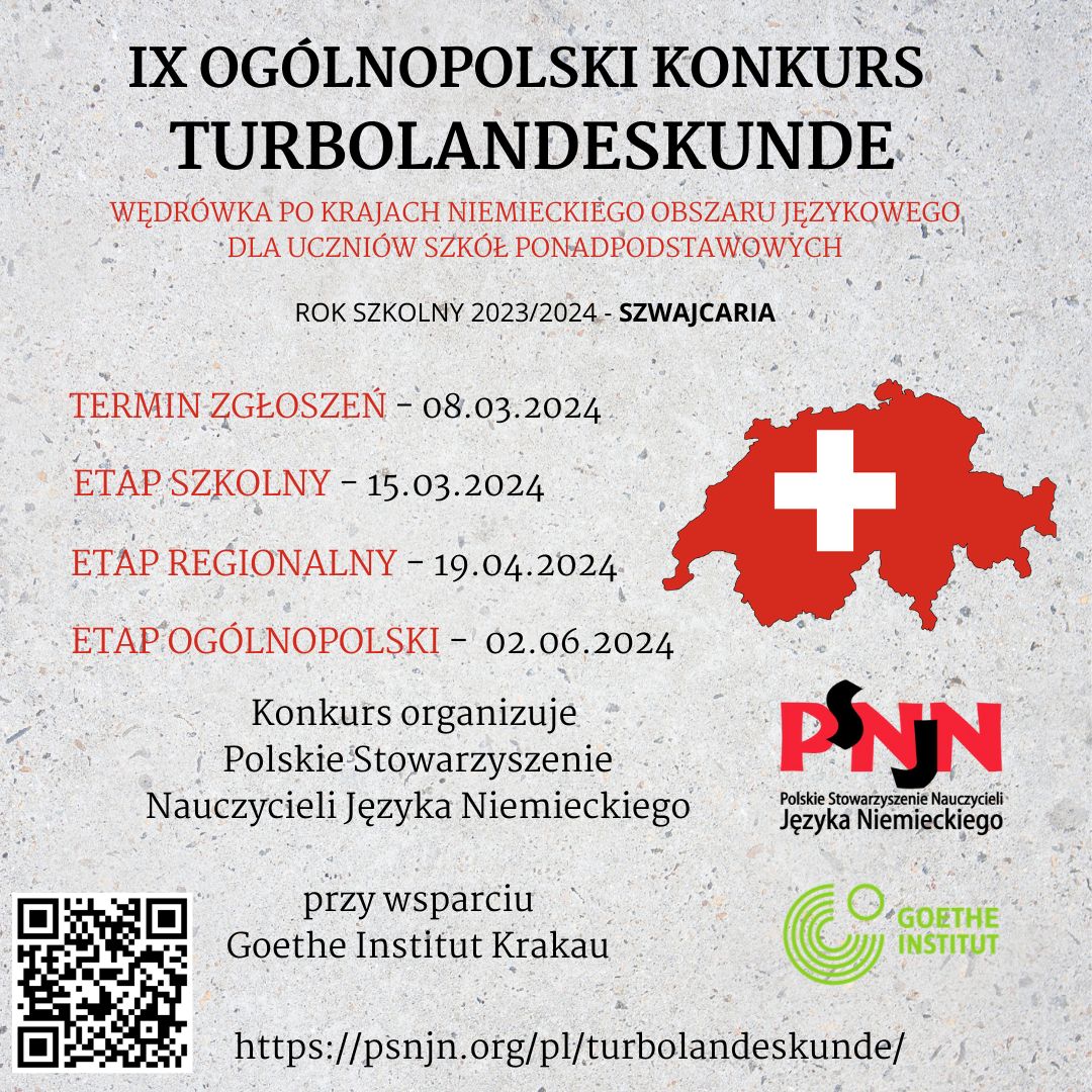 Kontur Szwajcarii i logotypy organizatorów na plakacie informacyjnym IX Ogólnopolskiego Konkursu Tutbolandeskunde.